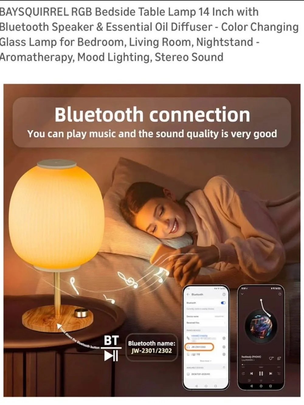 Table lamp Bluetooth speaker & essential oil diffuser color changing 14” NIOB